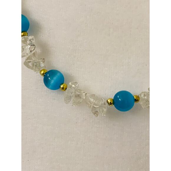 Short Beaded Necklace, Clear Chip Beads with Blue Round Beads, 19" Long - Picture 2 of 6